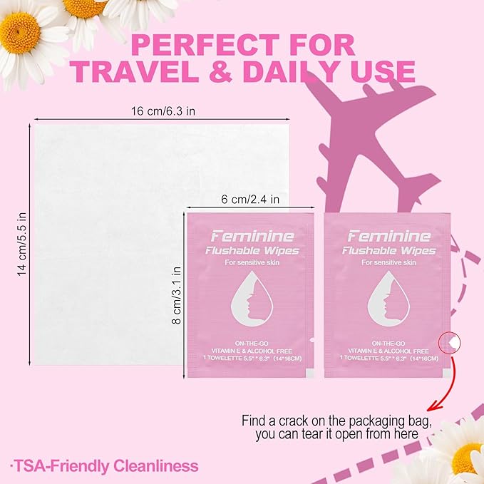 Feminine Wipes Individually Wrapped, Flushable Wipes Travel,Travel Wipes for Women,Feminine Care Wet Wipes Travel Size Vaginal Wipes for Adult, Girl and Homeless 60