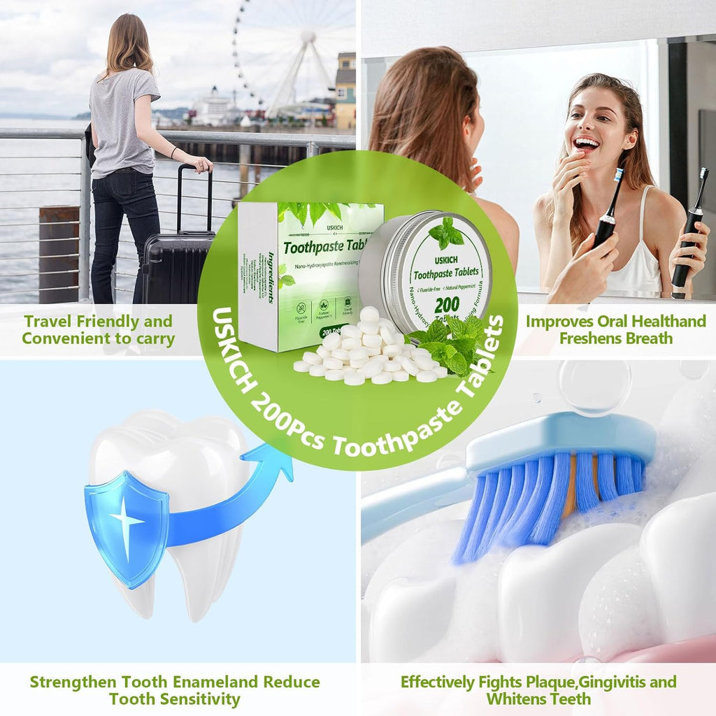 200 Pcs Toothpaste Tablets - Nano Hydroxyapatite Natural Whitening, Reduce Sensitivity,Fluoride & Plastic Free, Eco Friendly & Travel Mouthwash Tablets