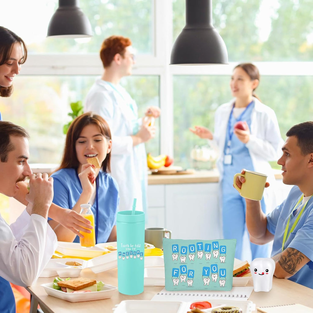 Skylety 3 Pcs Dental Hygiene Month Gifts Dental Assistant Hygienist Appreciation Gift 16oz Tumbler with Lid Cute Teeth Makeup Bag Stress Toy Employee Thank You Dentist Coworker Nurse Student(Green)