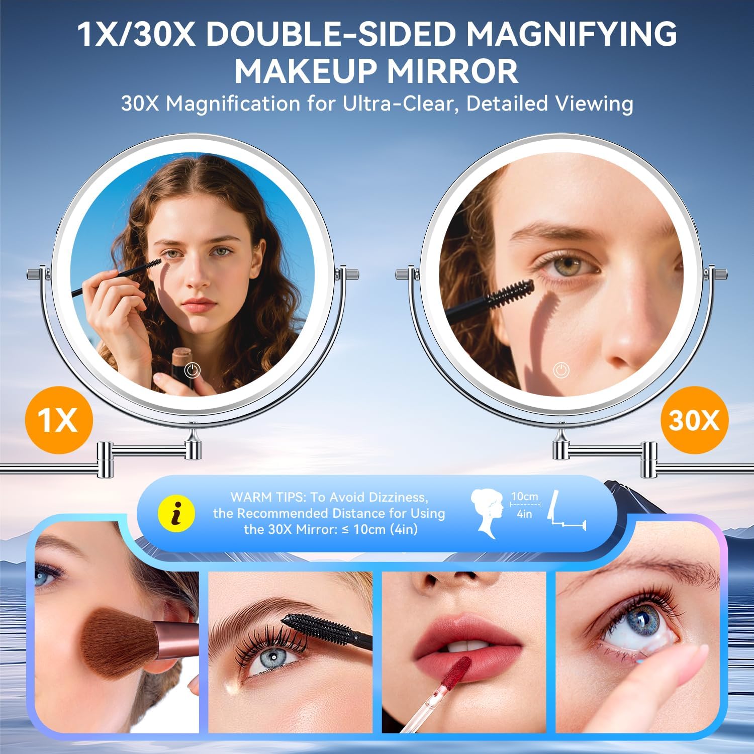 10'' 30X/1X Wall Mounted Lighted Makeup Mirror, 5000mAh Rechargeable Double-Sided Magnifying Mirror with Light, LED Vanity Mirror Touch Dimmable 3 Colors 360° Rotation Extended Foldable Arm, Chrome