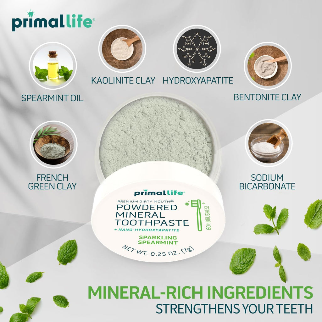 Primal Life Organics Dirty Mouth Toothpowder, Tooth Cleaning Powder, Flavored Essential Oils, Hydroxyapatite, Natural Kaolin, Bentonite Clay, USE: 60+ Brushings, Paleo, Organic, Vegan Spearmint 0.25oz