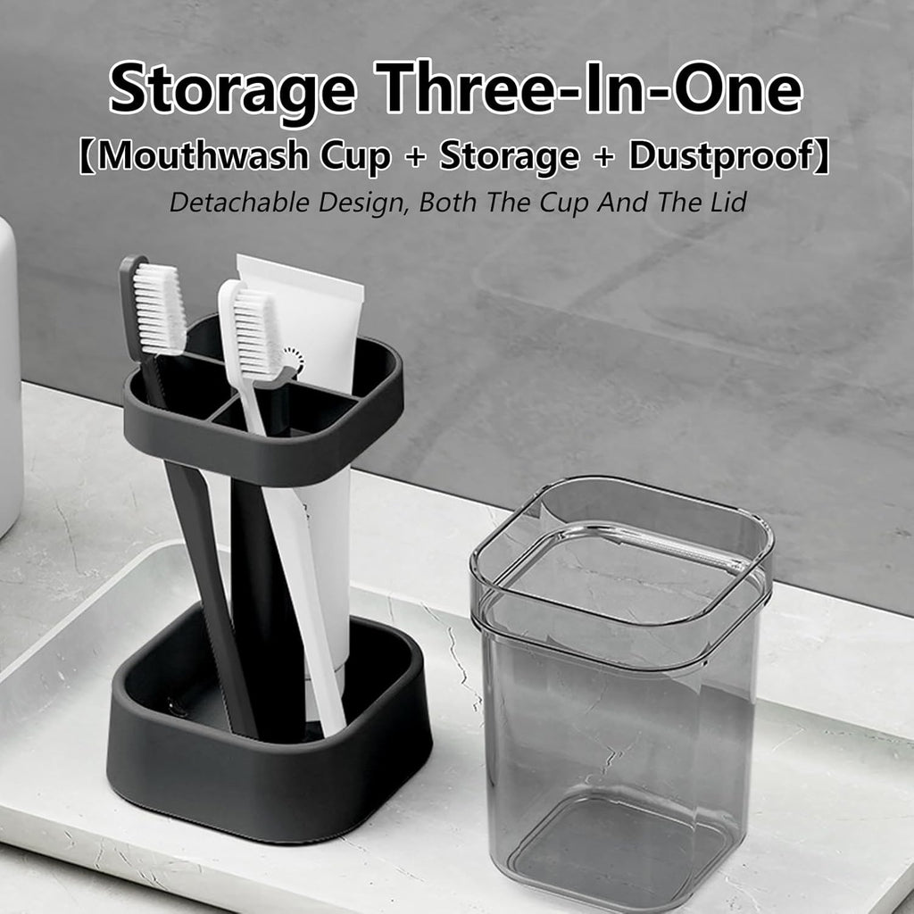 Toothbrush Holder with Cup/Cover, 3 Slots Toothpaste Holder Stand for Bathroom Countertop Plastic Storage Organizer for Toothbrushes, Electric Toothbrushes (Black)