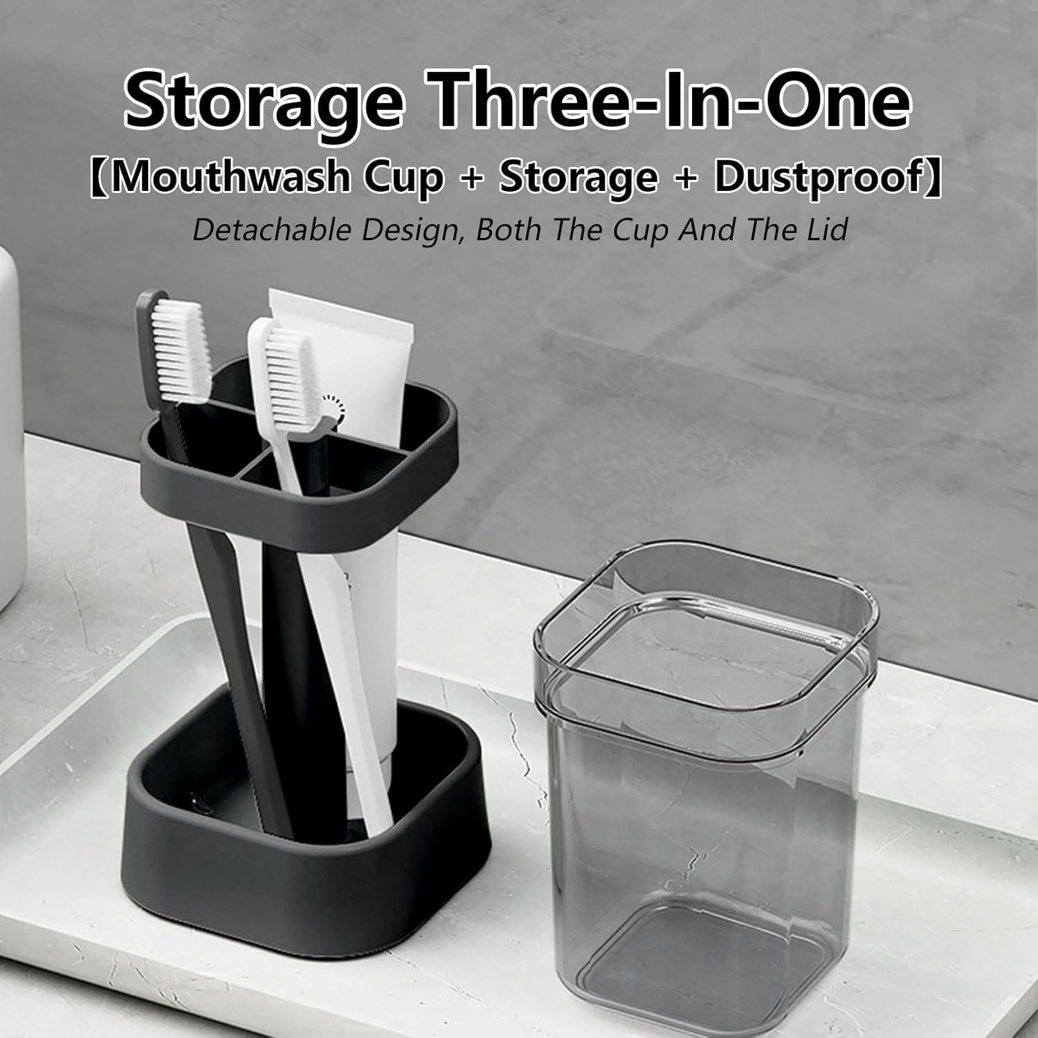 Toothbrush Holder with Cup/Cover, 3 Slots Toothpaste Holder Stand for Bathroom Countertop Plastic Storage Organizer for Toothbrushes, Electric Toothbrushes (Black)
