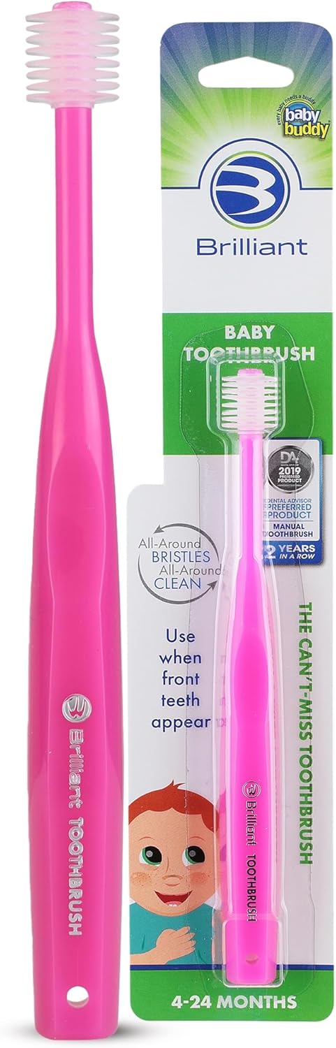 Brilliant Oral Care Baby Toothbrush with Soft Bristles and Round Head, for a Toddler Approved, Easy to Use All-Around Clean Mouth, Ages 0-2 Years, Pink, 1 Pack