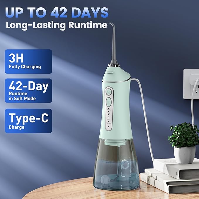 Water Flosser for Teeth Cleaning and Flossing, 5 Modes Rechargeable Cordless Oral Irrigator 320ml Water Tank Teeth Cleaner, IPX7 Waterproof Portable Electric Dentel Flossers for Home and Travel,Green