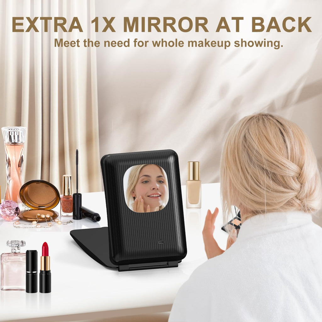 Mocado Travel Makeup Mirror with Light, 1x/10x Magnifying Mirror with Light, 3 Colors Lighted Magnifying Mirror, 2000mAh Rechargeable Lighted Makeup Mirror, Dimmable Touch, Memory Function (Black