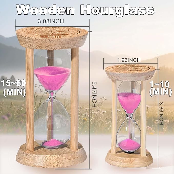 Wooden Sand Timers 1 Minute Hourglass,Stunning Glass Bamboo Mini Pink Sand Clock for Productivity, Meditation & Decor, 1 Min Small Reloj De Arena for Kitchen, Office, Game, Classroom