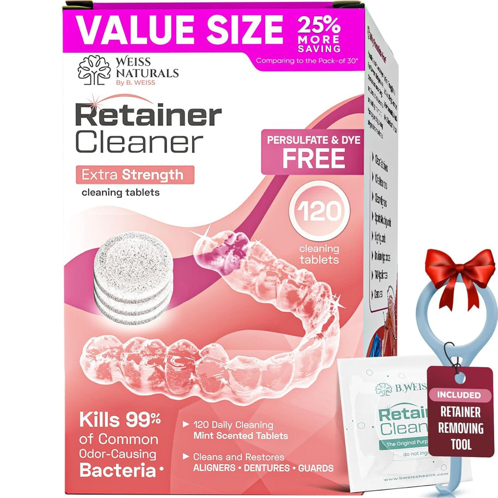 Weiss Naturals Retainer Cleaner Tablets, Invisalign Cleaner, Remove Stains, Odors & Plaque, FSA & HSA Eligible, Night Guard Cleaners PERSULFATE & DYE-FREE 4-Month Supply, Denture Cleaners 120 Tablets