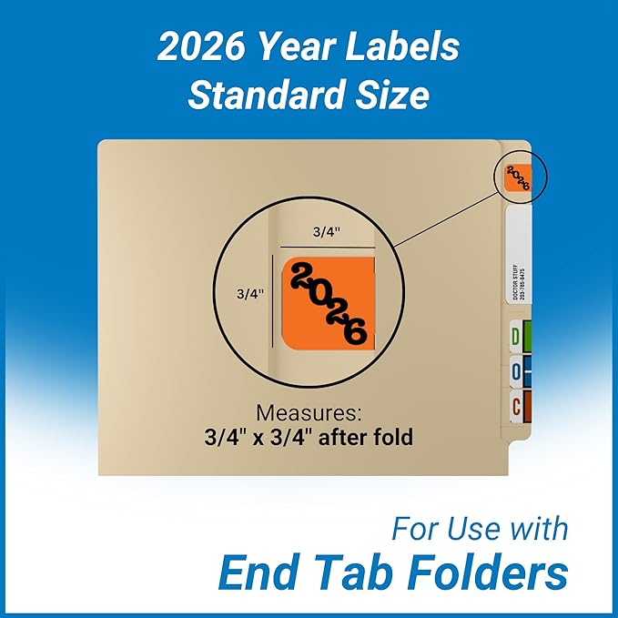 2026 Year Labels, Doctor Stuff 2026 Chart Stickers, Orange/Black Color Coded, Jeter Style, USA Made Year Labels for End Tab File Folders, 500/Roll, 1 Roll, 3/4" x 1-1/2"