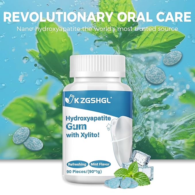 Hydroxyapatite Gum, 90 Pieces, Xylitol Gum, Good for Teeth Remineralization, Sugar-Free Mint Chewing Gum with Xylitol, Two pills after meals to freshen breath and clean teeth