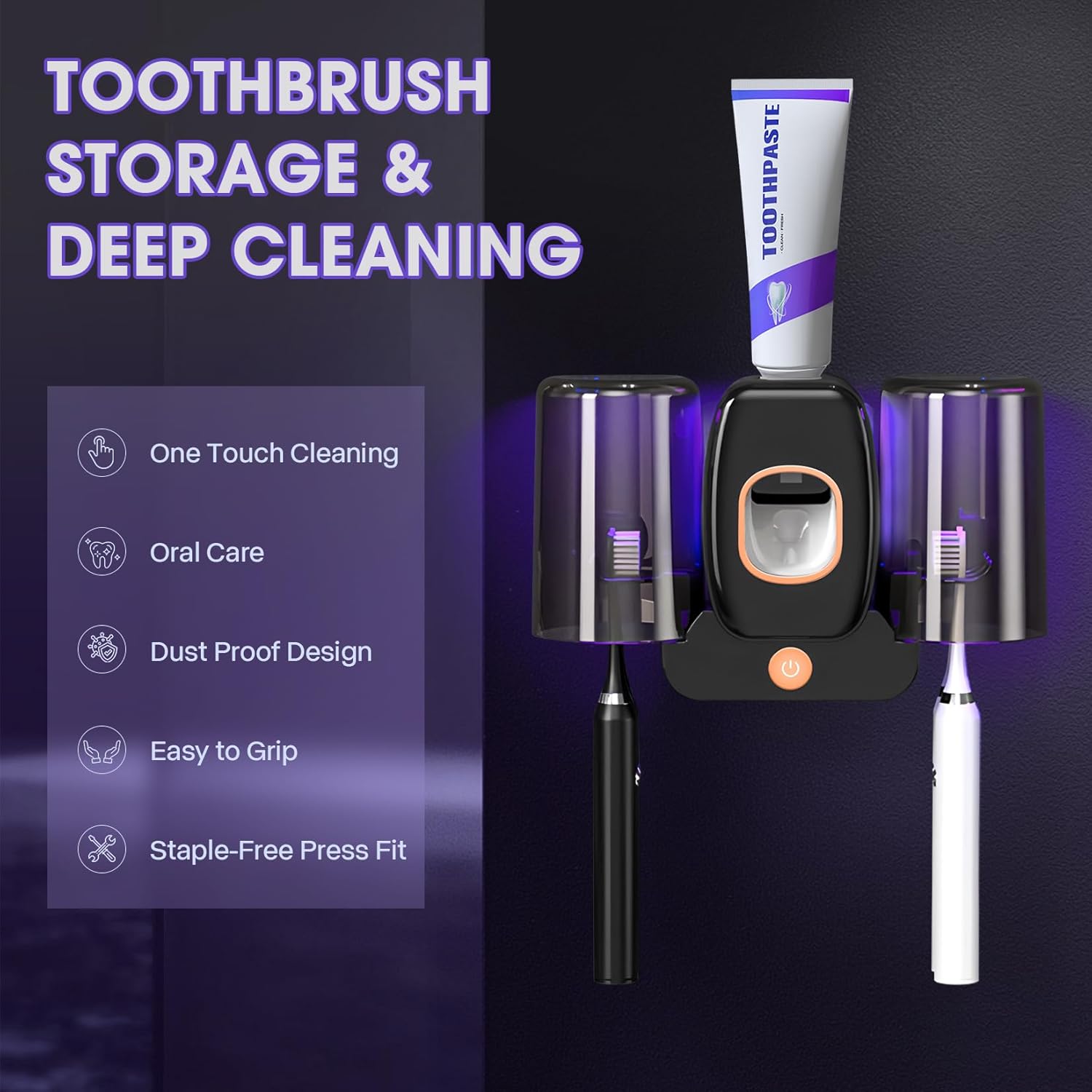 3 in 1 Toothbrush Cleaner Holders,Rechargeable Wall Mounted Toothbrush Holder Toothpaste Dispenser Automatic 2 Cups Tooth Brush Holder for Bathroom, No Drilling, 4 Slots (Black)