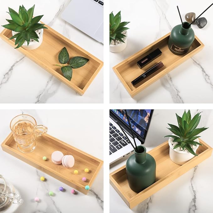 Natural Bamboo Vanity Tray, Sink Tray, Smooth and Thick Wooden Tray for Toilet Tank and Bathroom Counter Top, Kitchen Decor Wood Holder and SPA Home, 11.5x4.4x1.2 inches