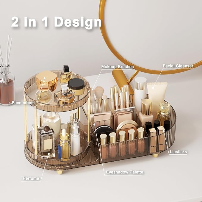 Rotating Makeup Organizer Countertop with Compartment for Vanity, Plastic Vanity Makeup Storage Organizer, 2-in-1 Desk Makeup Holders and Organizers with Perfume Tray for Cosmetics Bathroom