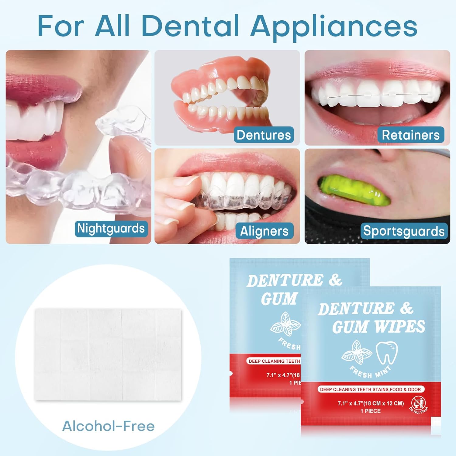 Denture Cleaner Wipes Disposable Teeth Gum Retainer Wipe Oral Care, Tooth Gums Cleaning Dental Dentures Tablets, Denture Adhesive Food Debris Braces Stain Odor Remover for Adults Elderly Mint 100 Pcs