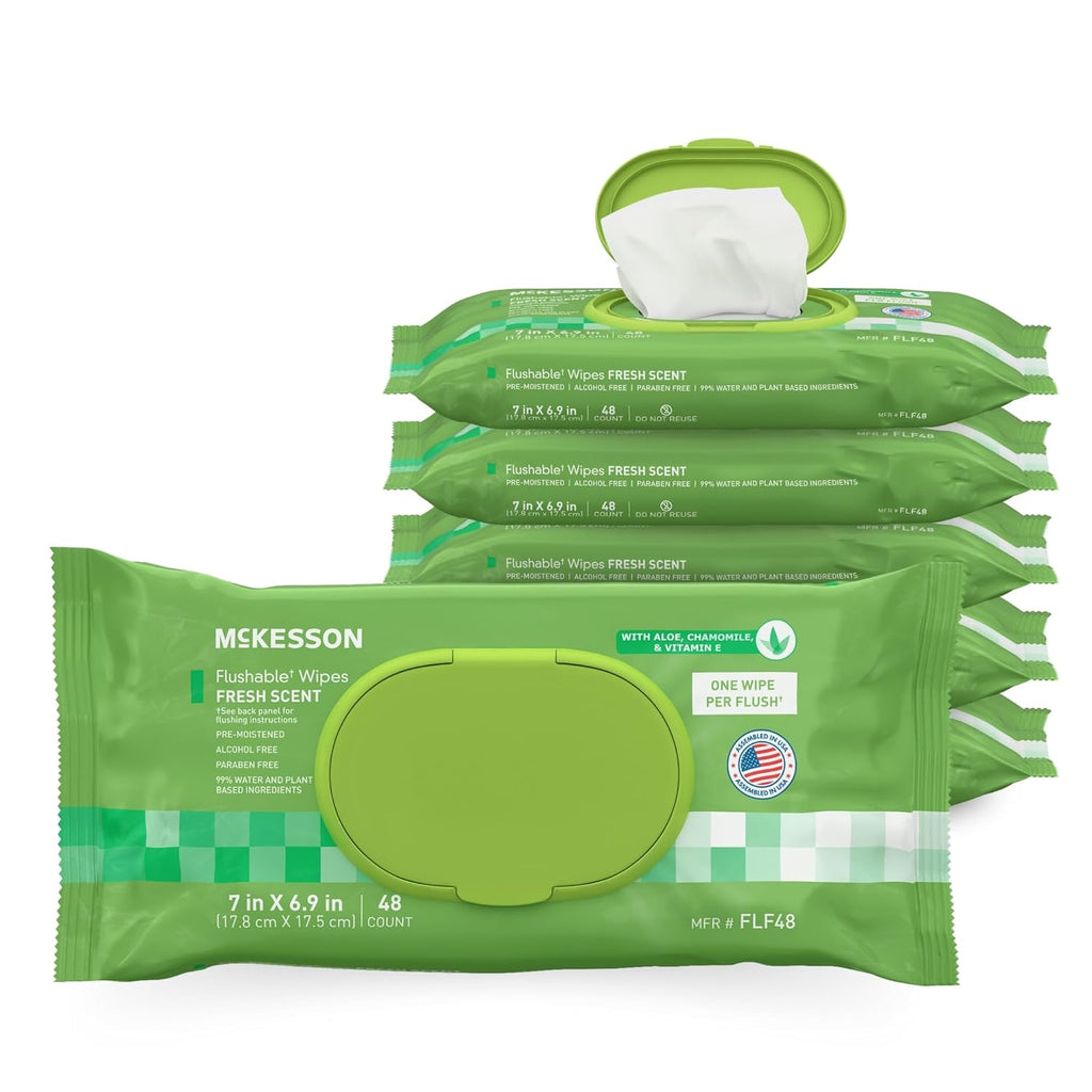 McKesson Flushable* Adult Wet Wipes – 288 Wipes (6 Pack of 48) – Aloe & Vitamin E, Plant-Based Cleansing Wipes, Scented
