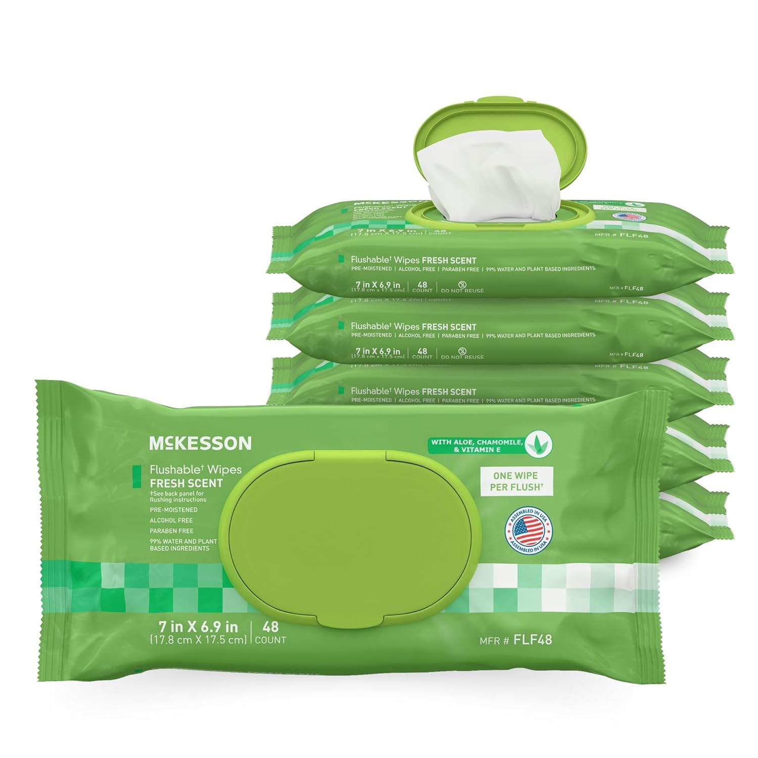 McKesson Flushable* Adult Wet Wipes – 288 Wipes (6 Pack of 48) – Aloe & Vitamin E, Plant-Based Cleansing Wipes, Scented