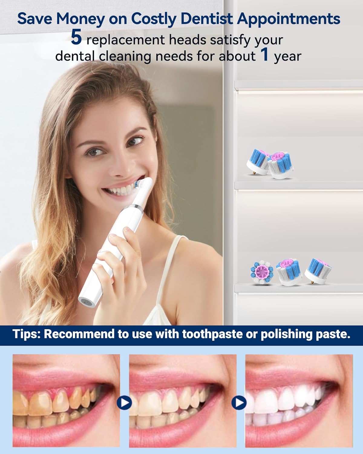 Tooth Polisher, Teeth Whitening Kit Teeth Stain Remover with 5 3D White Replacement Brush Heads and 3 Tooth Polish Paste, Rechargeable Teeth Cleaning Tools Dental Kit Oral Care Tools