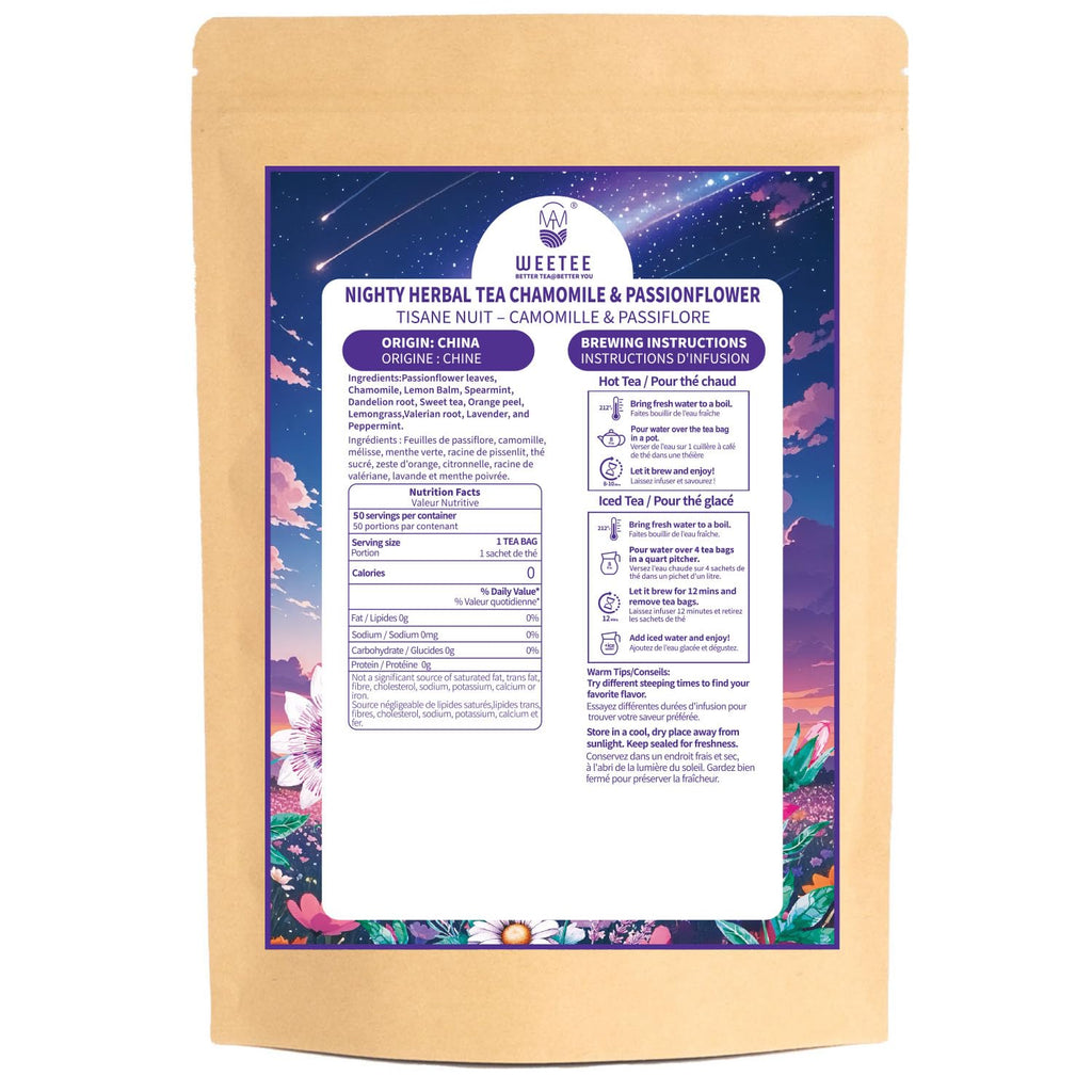 WT WEETEE Chamomile & Passionflower Nighty Herbal Tea Bags 50 Counts, Includes Spearmint, Valerian Root, Lavender, Peppermint & More, Natural Caffeine-free