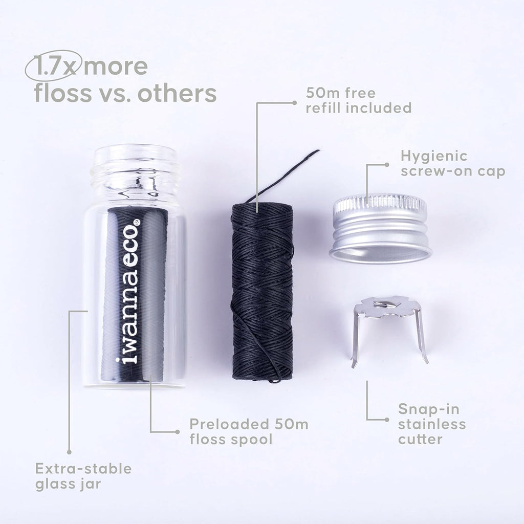 Eco-Friendly Bamboo Charcoal Dental Floss | Refillable Wide Glass Jar with Screw Lid + 50m Free Refill | 100m Total | Peppermint | Candelilla Wax | Zero Waste, Vegan | Flossers for Adults – Oral Care