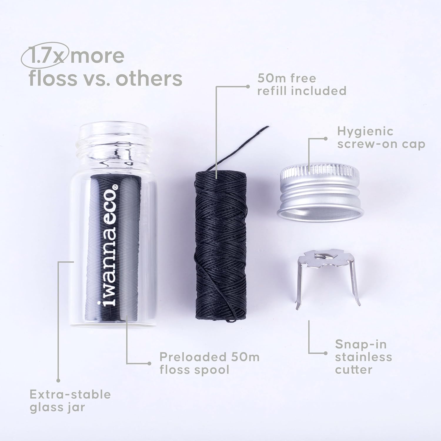 Eco-Friendly Bamboo Charcoal Dental Floss | Refillable Wide Glass Jar with Screw Lid + 50m Free Refill | 100m Total | Peppermint | Candelilla Wax | Zero Waste, Vegan | Flossers for Adults – Oral Care