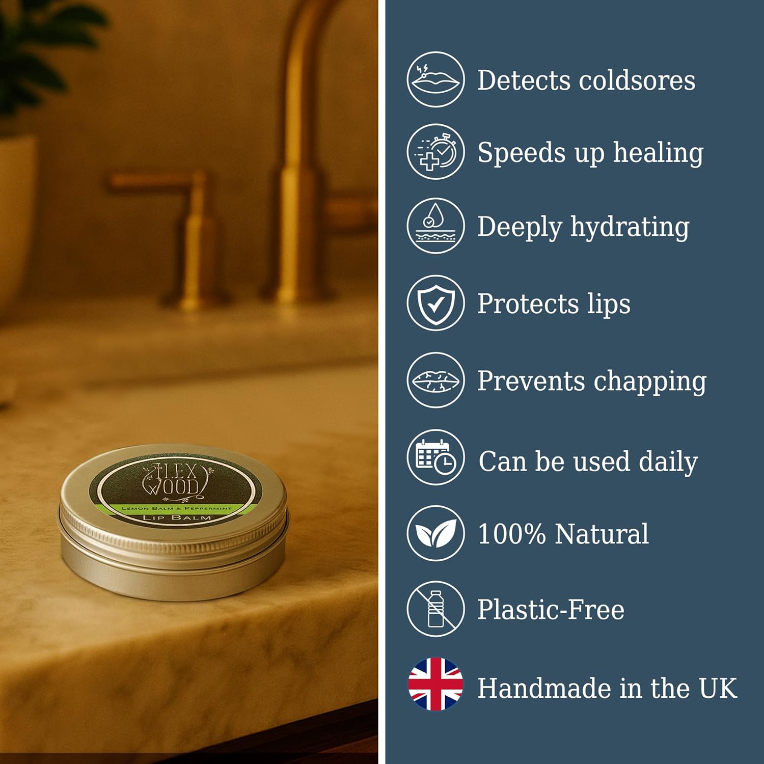 The Ilex Wood - Lip Balm Pack of 3 - Lemon Balm and Peppermint - All natural, coldsore prevention, cruelty free, plastic free, moisturising lip balm, handcrafted - 3 x 10ml (3 x 0.34 fl oz)