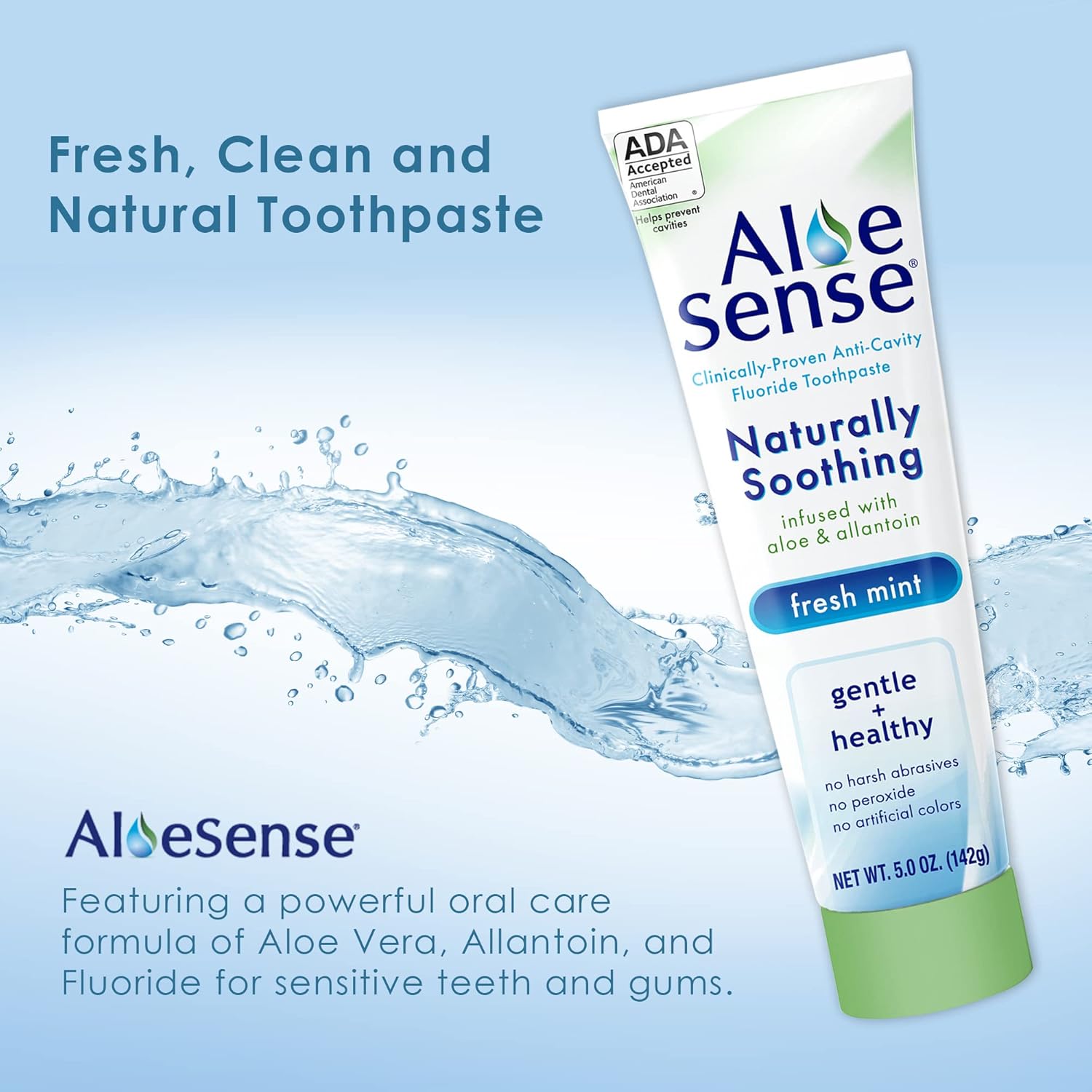 Fluoride Toothpaste, Naturally Soothing Toothpaste Sensitive Teeth and Gum Care with Aloe Vera, Allantoin & Fresh Mint Flavor, Gentle & Natural Toothpaste, ADA Approved (5-oz, 1 Count)