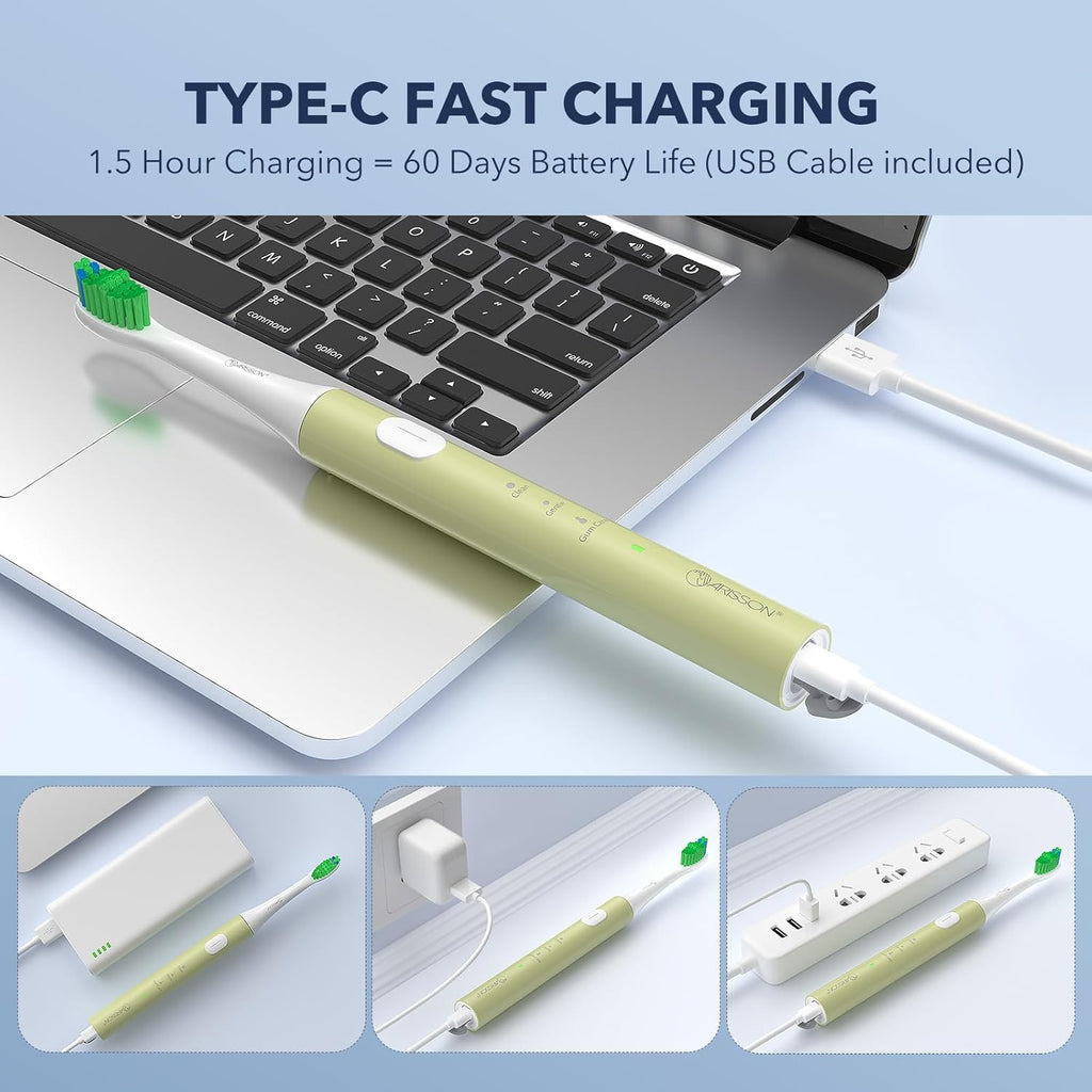 ARISSON Sonic Electric Toothbrush for Adults and Kids, 40,000 VPM Power Toothbrush, 1.5H Fast Charge Ultrasonic Electric Toothbrushes with 2 Minutes Smart Timer, White on Lime Green