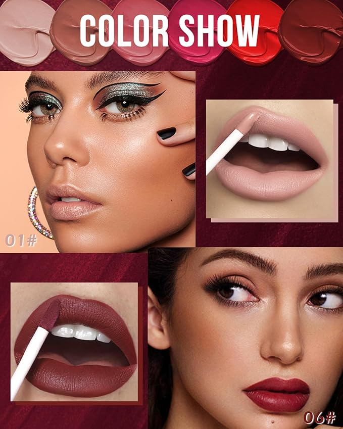Matte Liquid Lipstick for Women-2Pcs Nude Pink & Wine Red Highly Pigmented Lip Stain Tint,Velvet Matte Lip Gloss,Long Lasting Up to 16H Wear,Waterproof Smudge-proof Non-Stick Cup Lip Makeup-01+06