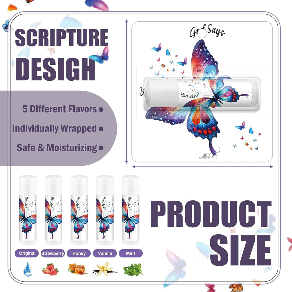 25 Pack Christmas Purple Butterfly Gifts Religious Bible Verse Lip Balms Bulk 5 Flavor for Women Men Christian Church Party Favors with Scripture Inspirational Gifts for Coworkers Staff