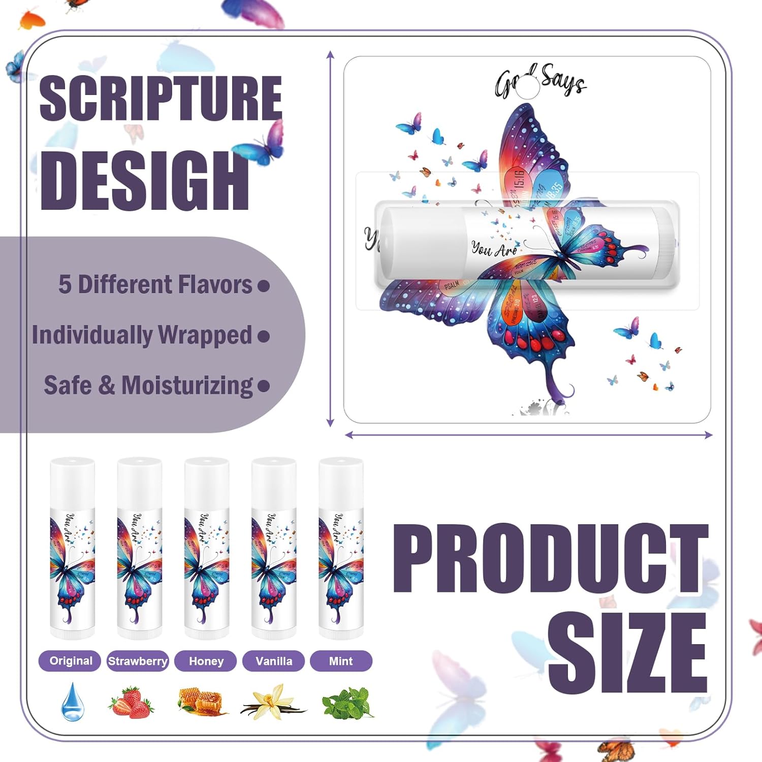 25 Pack Christmas Purple Butterfly Gifts Religious Bible Verse Lip Balms Bulk 5 Flavor for Women Men Christian Church Party Favors with Scripture Inspirational Gifts for Coworkers Staff