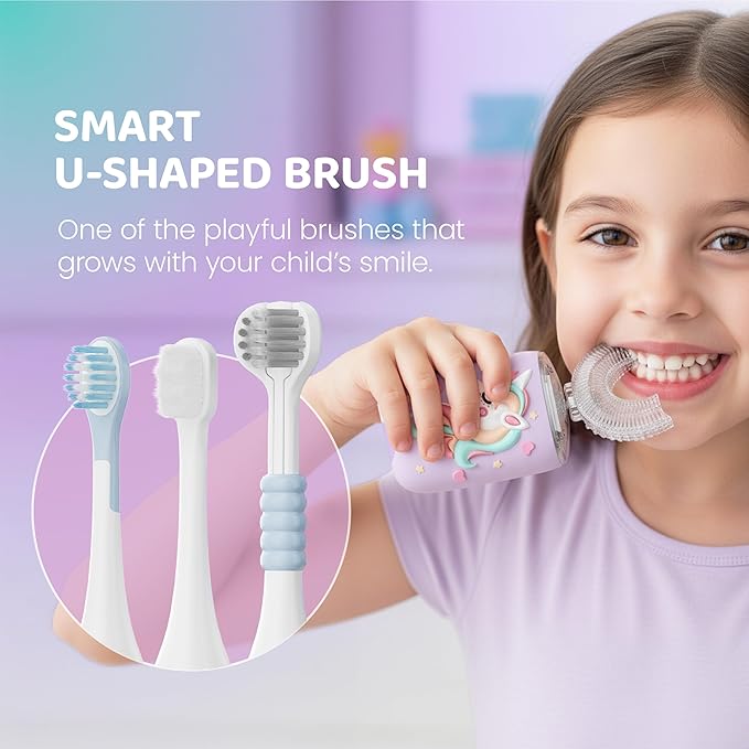 Well Before Ultrasonic Kid's U-Shaped Electric Toothbrush, IPX7 Waterproof, Five Cleaning Modes (Unicorn, Pink Ages 2-7)