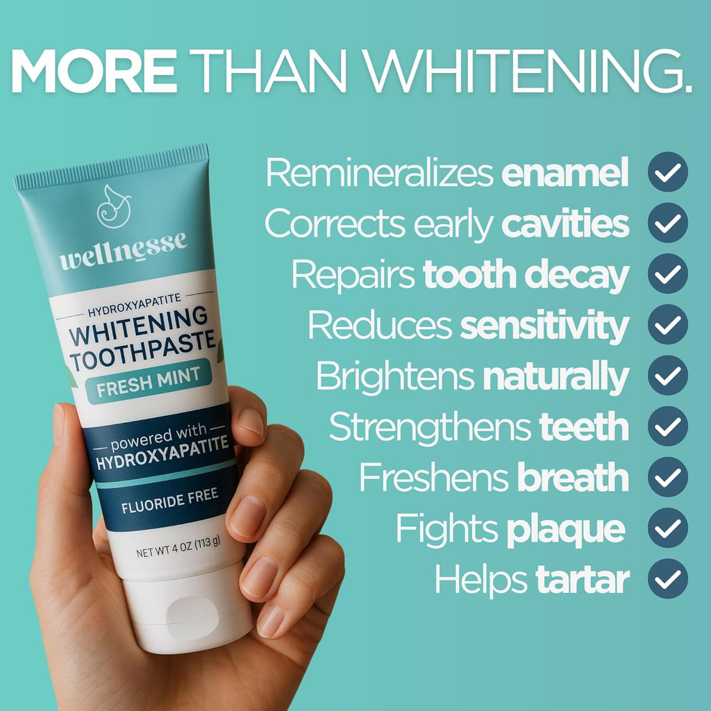 Wellnesse Whitening Hydroxyapatite Toothpaste with Xylitol, Natural Fluoride-Free Teeth Whitening Toothpaste for Adults, Strengthens Enamel, Supports Gum Health, Fresh Mint Flavor, 4 oz (Pack of 1)