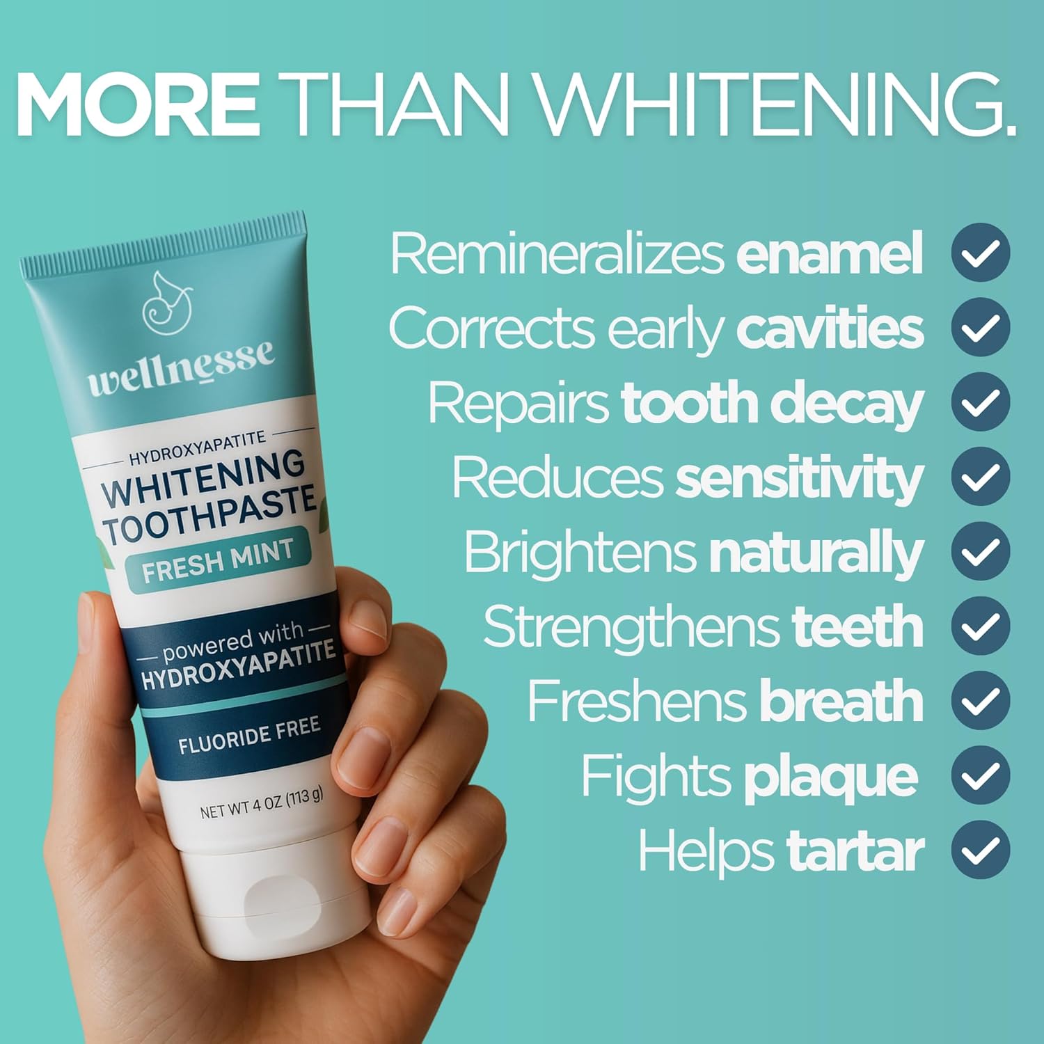 Wellnesse Whitening Hydroxyapatite Toothpaste with Xylitol, Natural Fluoride-Free Teeth Whitening Toothpaste for Adults, Strengthens Enamel, Supports Gum Health, Fresh Mint Flavor, 4 oz (Pack of 1)