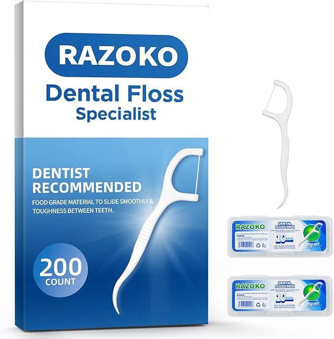 RAZOKO Dental Floss Picks High Toughness Toothpicks Sticks 200pcs with 2 Portable Cases Perfect for Family,Hotel,Travel