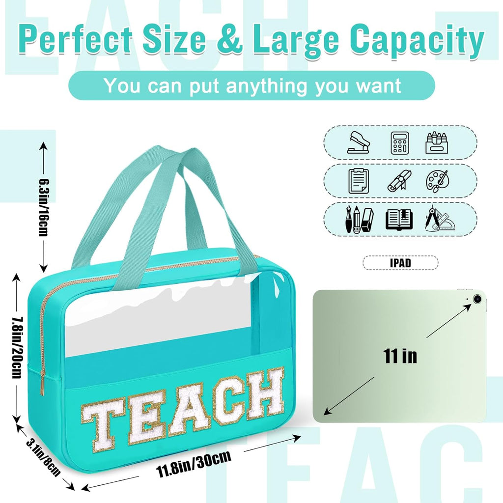 Teacher Appreciation Gifts Chenille Letter Clear Makeup Bag TEACH Pouch, Preppy Waterpoof Makeup Cosmetic Bag with Zipper Graduation Retirement Birthday Teacher Essentials Gifts for Women(TEACH-Green)
