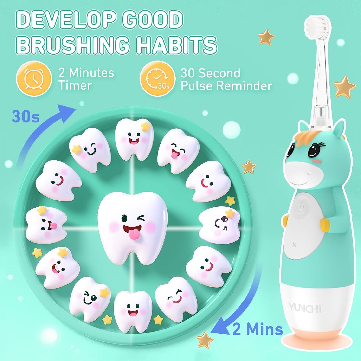 YUNCHI Toddler Electric Toothbrush Kids 0-3-6 Years, Baby Electric Toothbrush with Colorful LED Light, Battery Powered Toddler Toothbrush with 2 Minutes Timer 4 Brush Heads, Infant Toothbrush (Green)