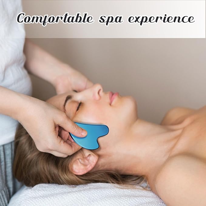 Nuanchu Stainless Steel Gua Sha Facial Tools Metal Guasha Tool for Face Body Jawline Shaper, Double Chin Reducer, Puffiness Reducing, Lymphatic Drainage Massager Skin Care Gift with Pouch(Blue)