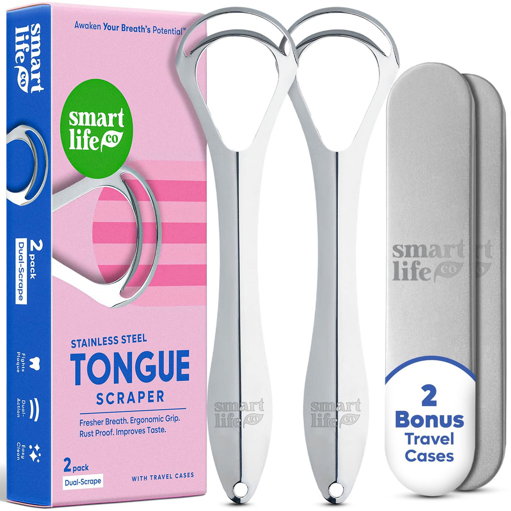 Tongue Scraper For Adults - Dual Head Stainless Steel Tongue Cleaner Travel Metal Case | Bad Breath Mouth Treatment | Best Disposable Metal Plastic-Free Scrubber | Oral Care Hygiene Essential Kit, 2pk