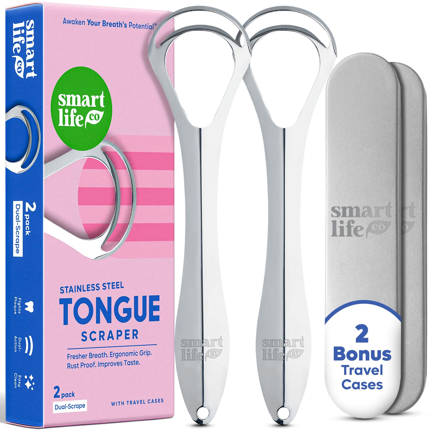 Tongue Scraper For Adults - Dual Head Stainless Steel Tongue Cleaner Travel Metal Case | Bad Breath Mouth Treatment | Best Disposable Metal Plastic-Free Scrubber | Oral Care Hygiene Essential Kit, 2pk