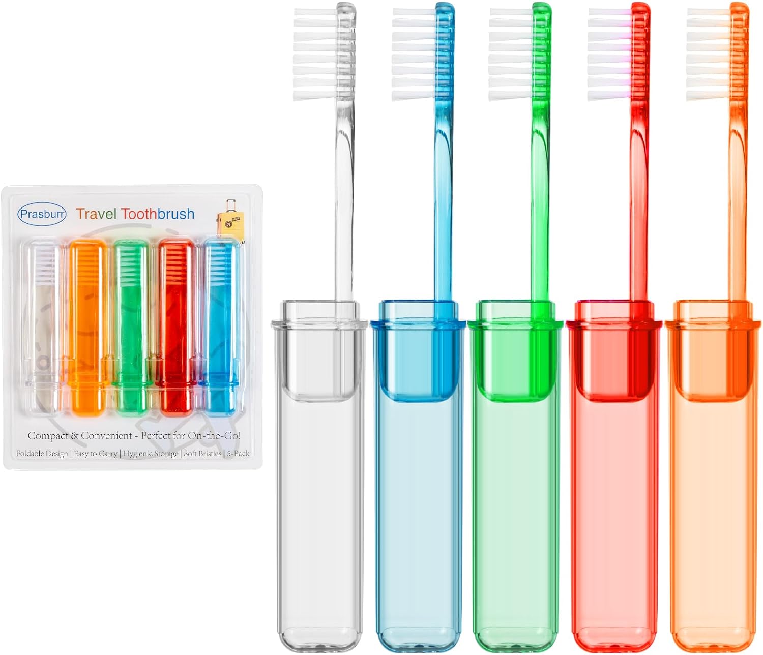 Travel Toothbrush - Folding Toothbrush, Transparent Foldable Handle, Soft Toothbrushes for Adults, Multicolor Pack of 5
