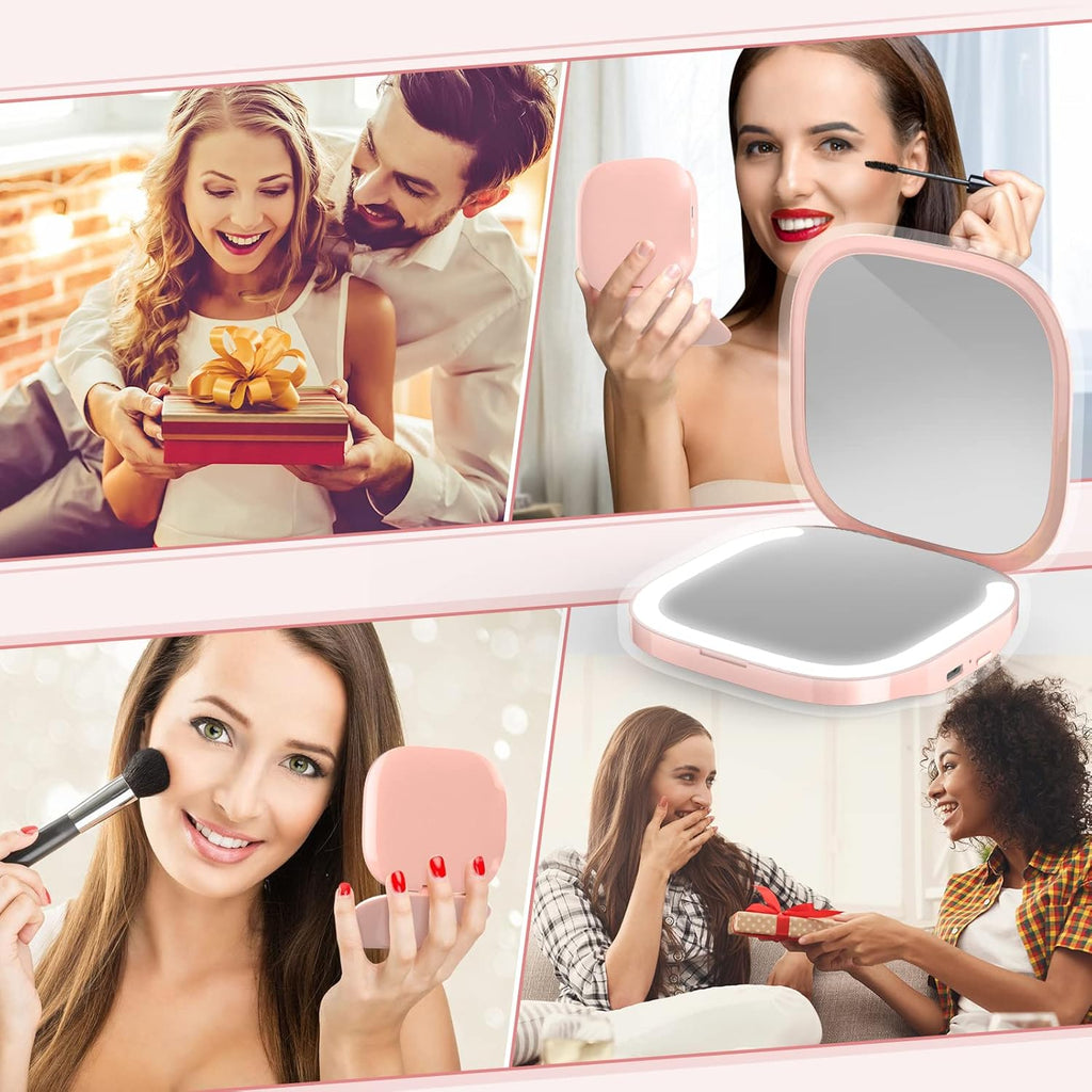 MY BEAUTY LIGHT Bright Compact Mirror with Durable Rechargeable 1X/3X Magnifying Light, 3000K-6000K Travel Makeup Mirror with Lights for Handbag Purse Pocket (Pink)