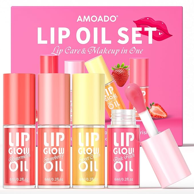 Lip Oil, Tinted Lip Glow Oil – Hydrating & Nourishing, Lip Oils Gift Set, Fruity Plumping Lip Oil Non-Sticky & Glossy Finish, 4 Colors Lip Oils Stain for Girls and Women - Moisturizing Gloss