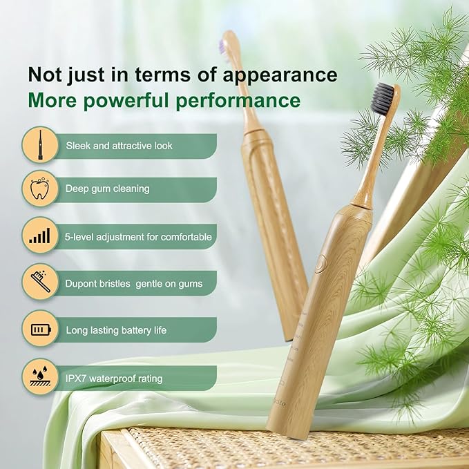 Sonic Bamboo Electric Toothbrush for Adults - Rechargeable Electric Bamboo Toothbrush -4 Pack Soft Brush Heads-Plant-Based Bristles | 5 Cleaning Modes Long-Lasting Battery