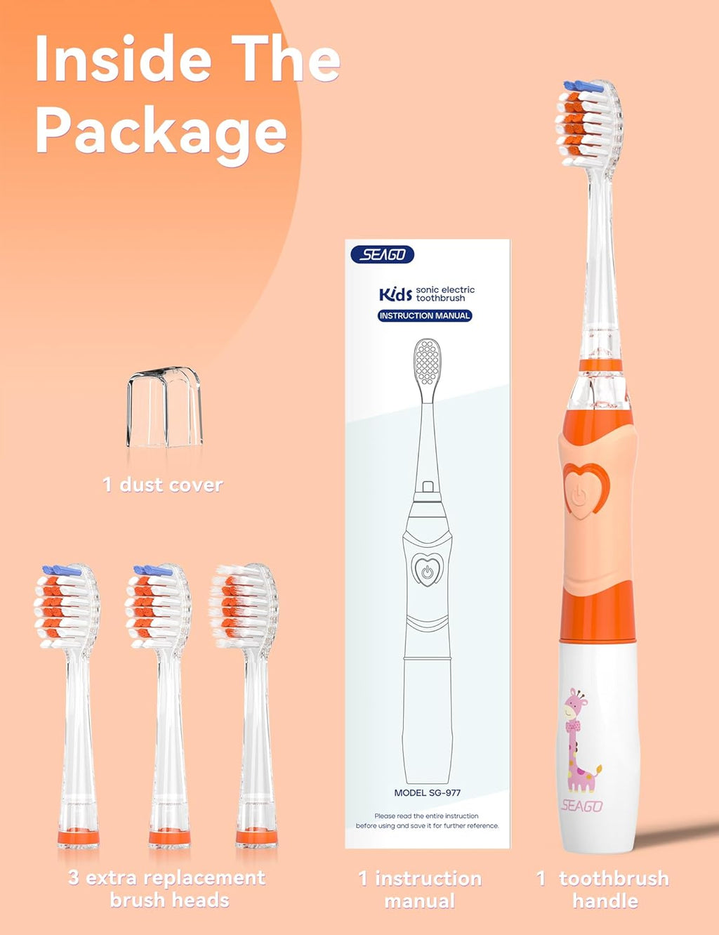 SEAGO Kids Electric Toothbrush with 2 Mins Brushing Timer and 4 Replacement Bursh Heads, Rainbow LED Light Make Brushing Fun, Boys Battery Powerd Toothbrush for 4-12 Years Old，SG-977(Orange)