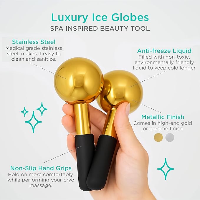 Stainless Steel Ice Globes for Facials (Gold Black Handle), Durable Cryo Globes Instantly Reduce Puffiness, Tighten Pores & Sinus Relief, Face Globes Facial Massages & Daily Beauty Routine