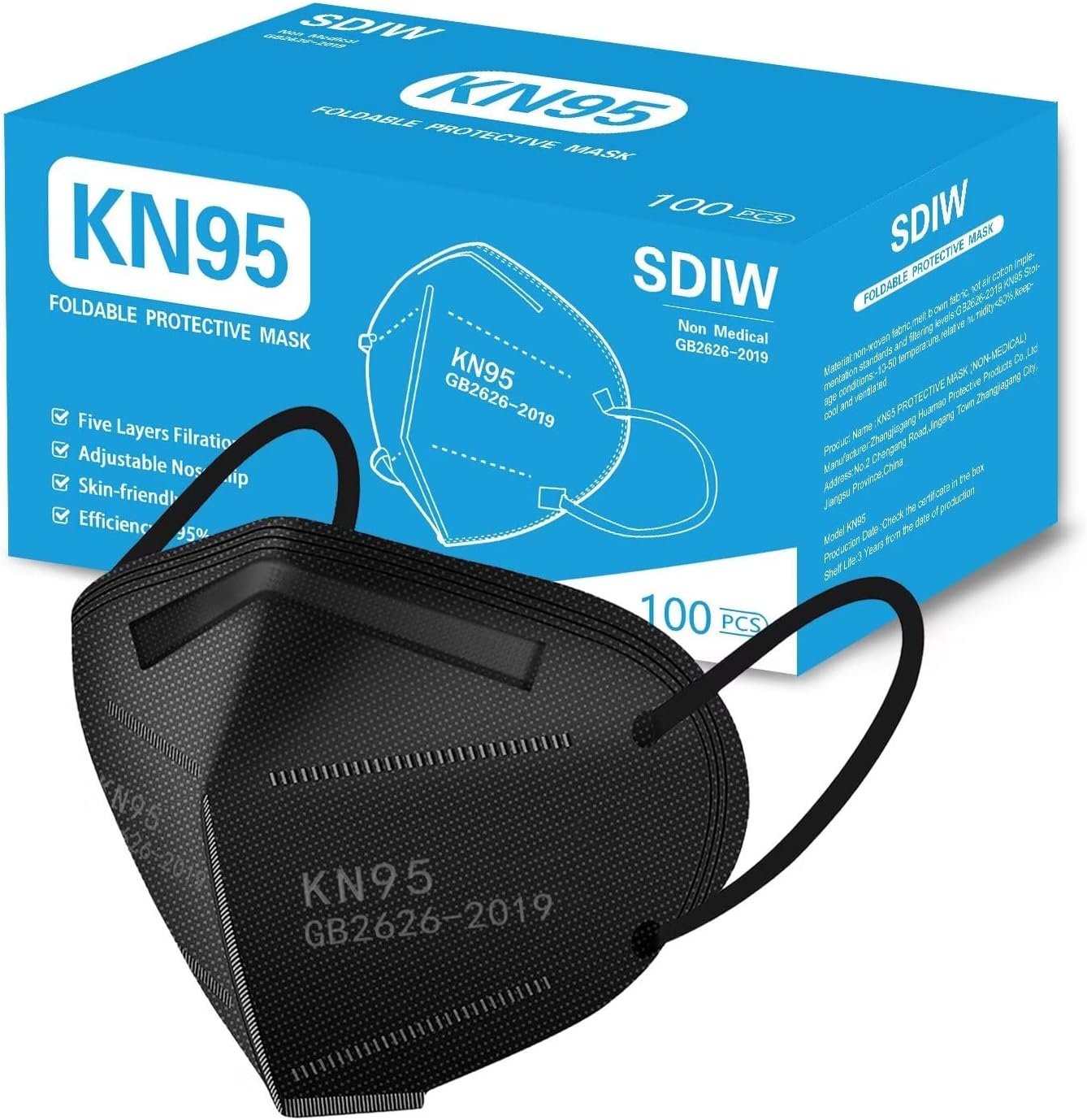 100PCS KN95 Black Face Masks 5 Layer Filter Efficiency≥95% with Elastic Ear Loop and Nose Bridge Clip Breathable Mask