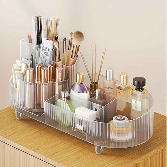 Rotating Makeup Organizer for Vanity with Brush Holder, Cosmetic Makeup Storage Organizer, Large Spinning Makeup Skincare Organizer, Countertop Makeup Perfume, Lotions Display Case (Transparent)