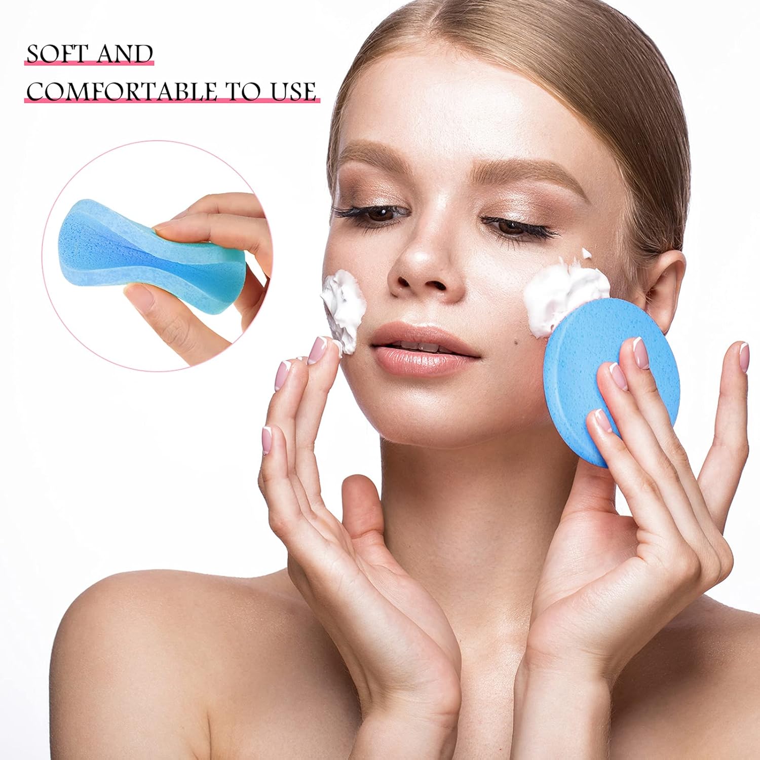Patelai 120 Pieces Compressed Facial Sponge for Estheticians Face Makeup Removal Cleansing Sponge Pad Exfoliating Spa Wash Round Facial Cleansing Pads Supplies(Blue)