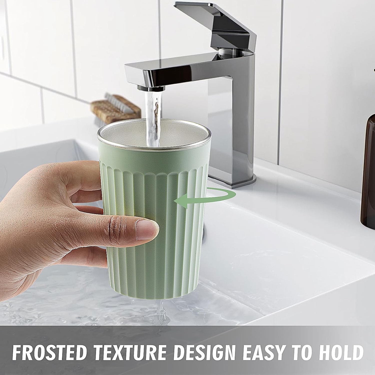 Toothbrush Holder for Bathroom-12oz Unbreakable Stainless Steel Bathroom Cup,Easy to Clean Toothbrush Cup, Reusable Bathroom Tumbler Cups for Home/School/Office(3" x 4.5") (Green)