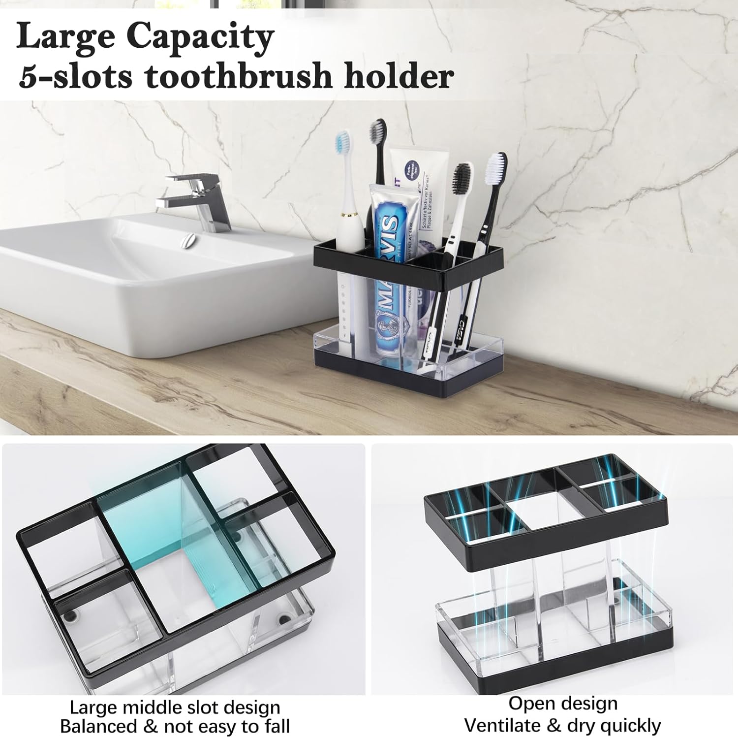 Toothbrush Holders for Bathrooms Countertop Organizer - Electric Toothbrush Holder Set, 5 Slots Toothbrush and Toothpaste Holder, Makeup Brush Storage Caddy for Family Kids (Black)